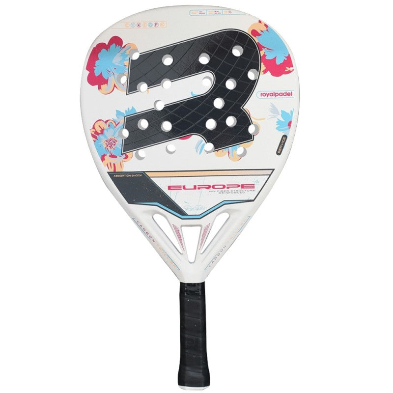 Pala de pádel Royal Padel Europa Lite 2025 blanca con diseño floral, vista frontal