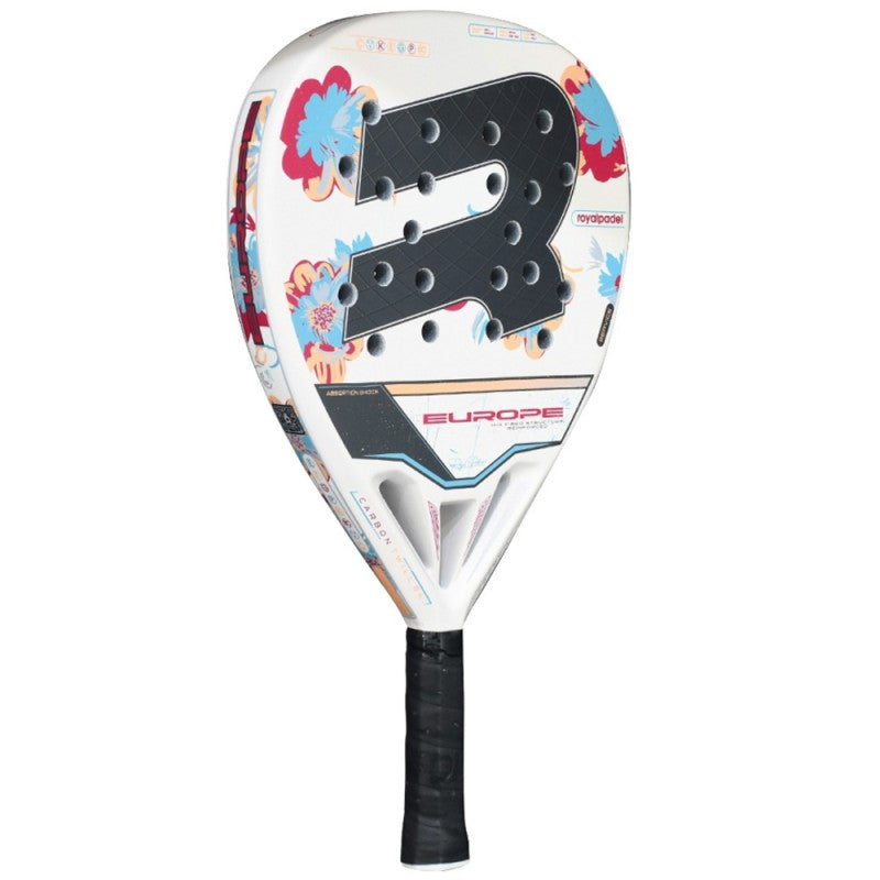 Pala de pádel Royal Padel Europa Lite 2025 en perspectiva, mostrando marco y empuñadura
